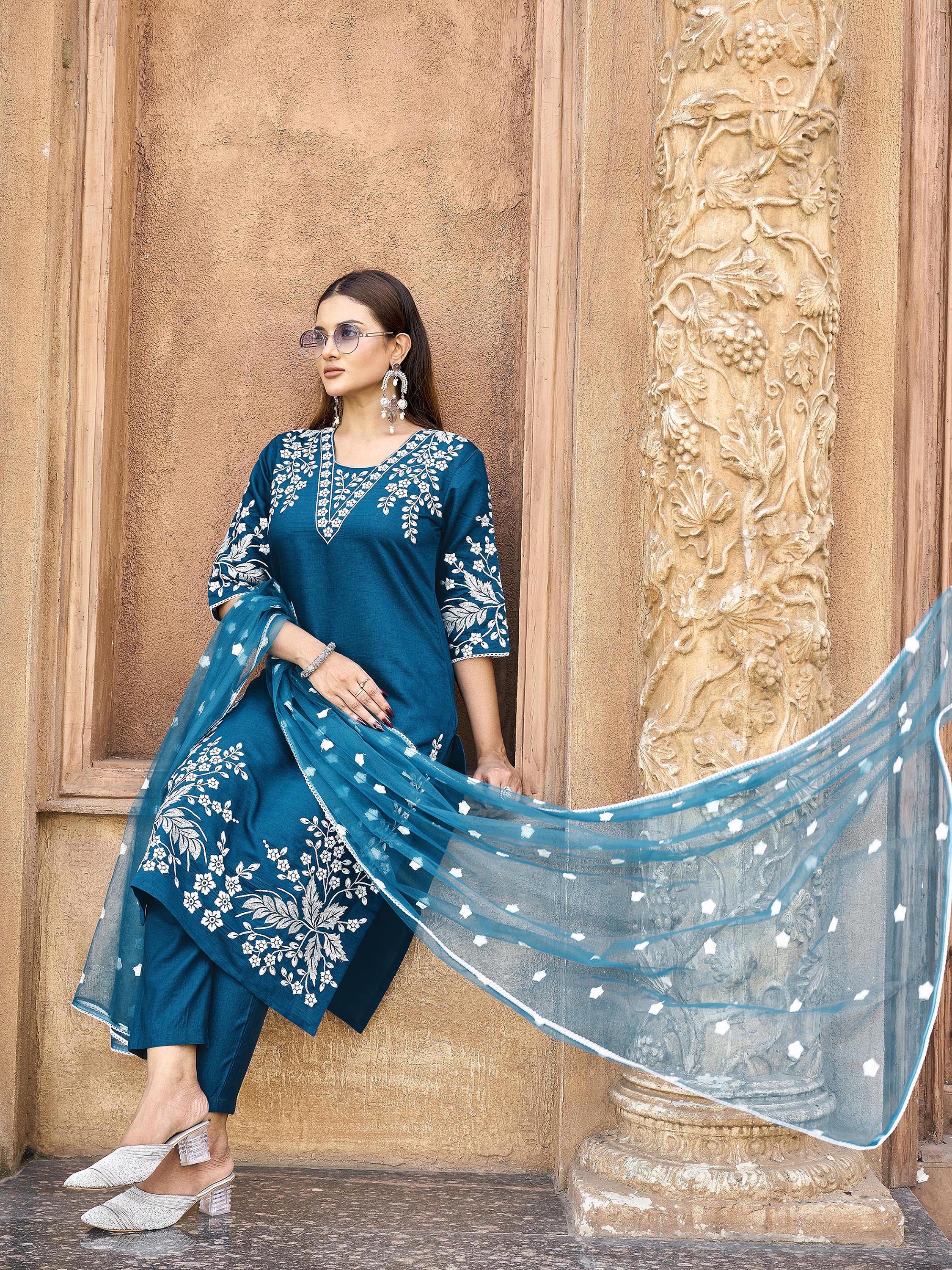 Teal color silk blend with off white thread embroidered kurta & trouser with dupatta set